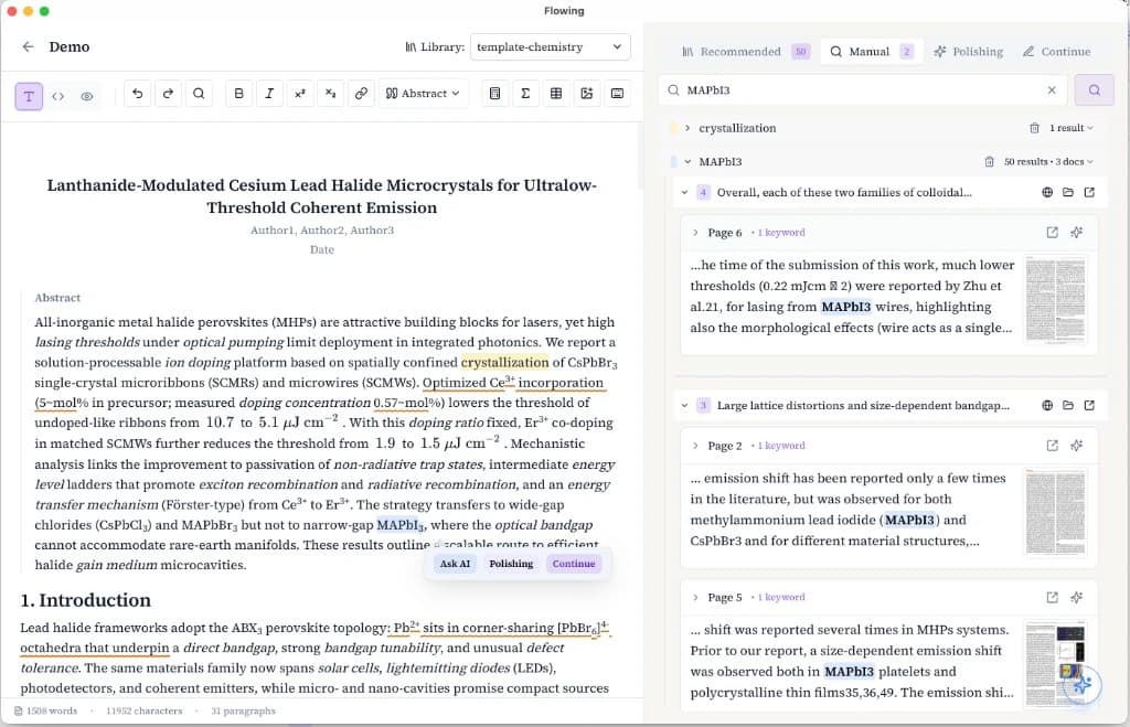 Flowing editor with local paper snippet search and PDF thumbnails in the library sidebar